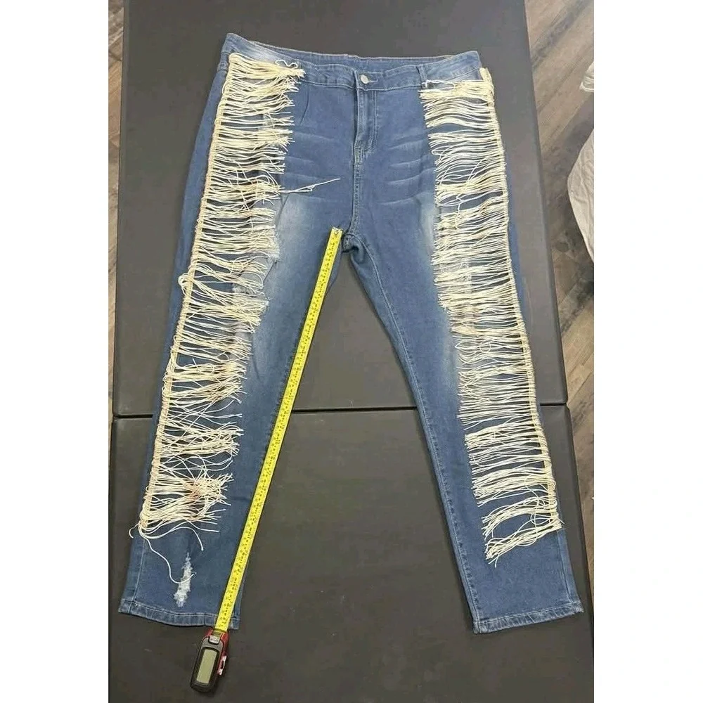 Plus Size Fringe Distressed‎ Skinny Jeans XXXL Boho Western Stretch Denim